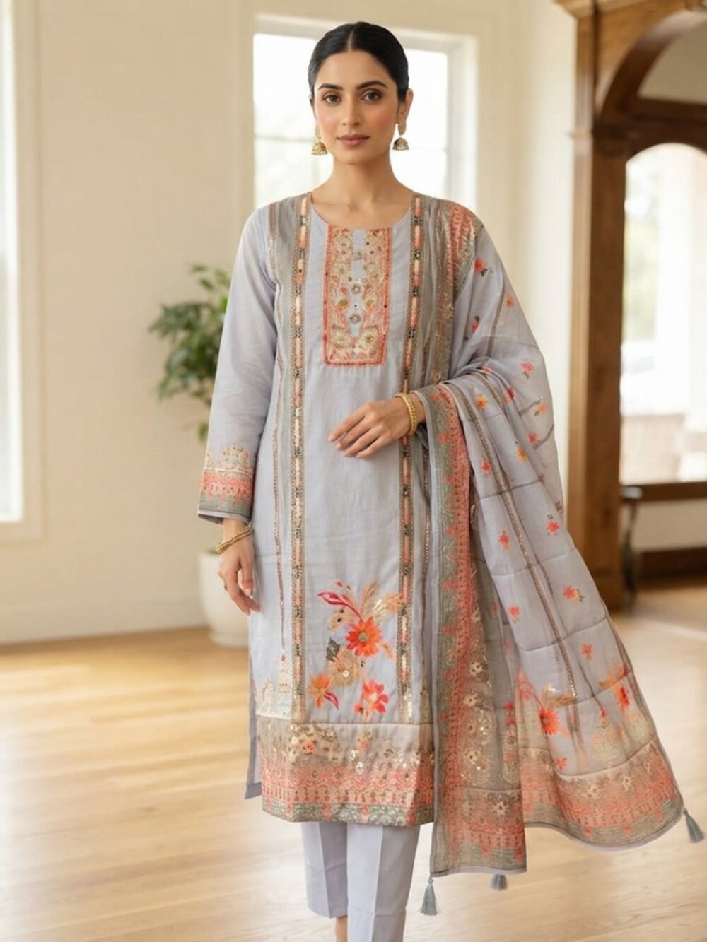 Women's 3-Piece Elegant Grey Kurta Set, Embroidered Ethnic Tunic Suit with Flora